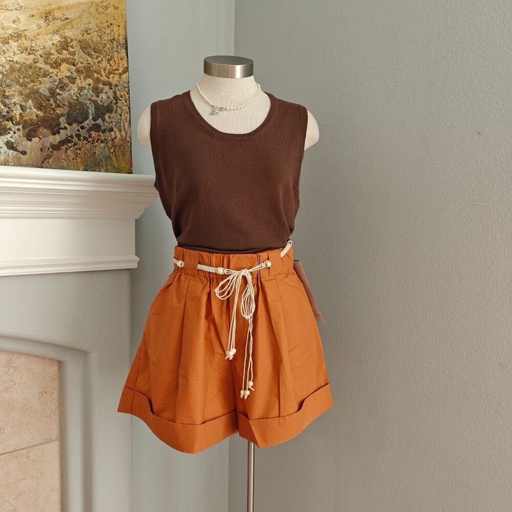 Orange cotton shorts with matching braided rope belt (set includes shorts + belt